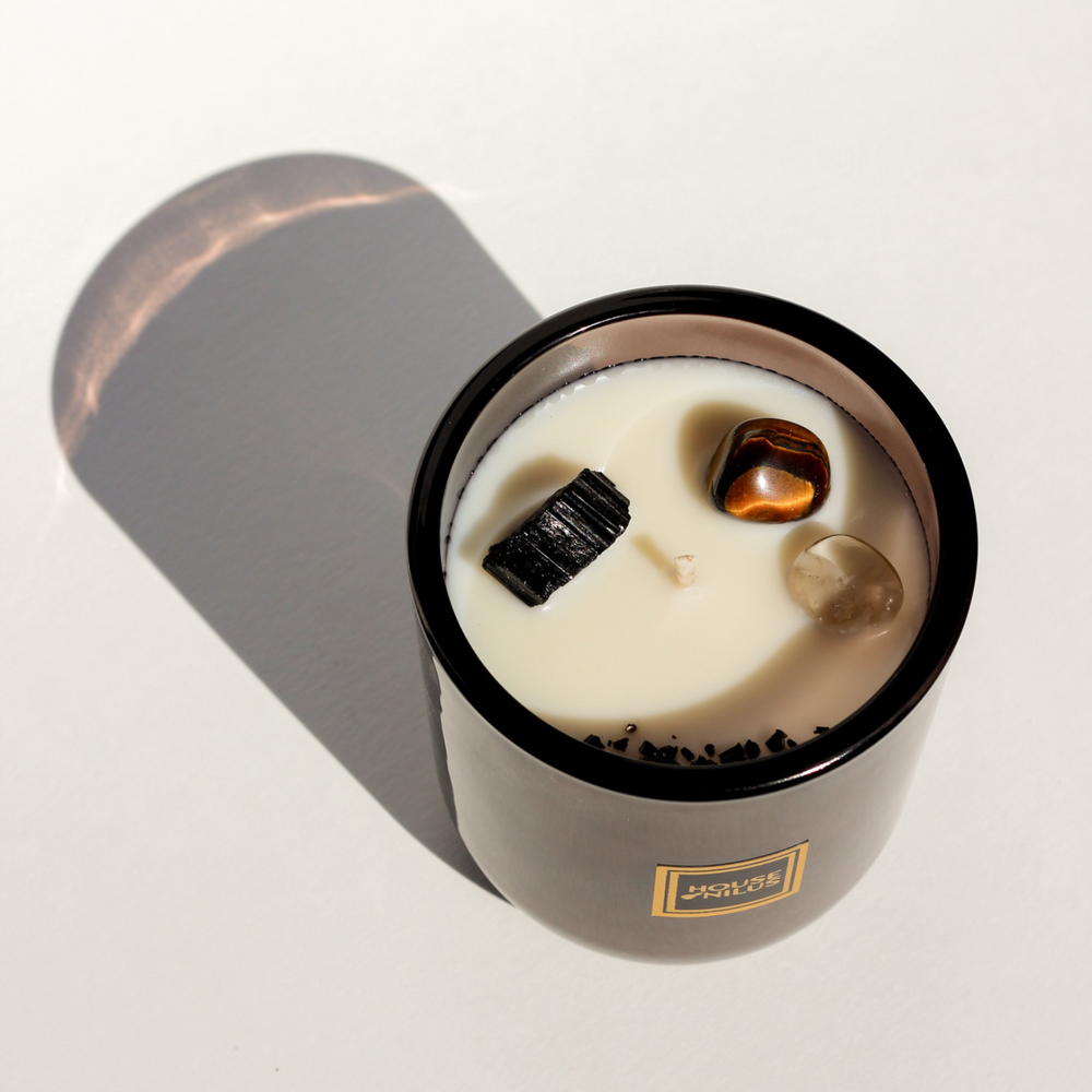 
                  
                    Cafe di Roma candle infused with Smoky Quartz, Tiger's Eye, and Black Tourmaline, rich espresso and vanilla scent, luxury artisan candles inspired by Italian coffee culture, crystal-infused home fragrance
                  
                